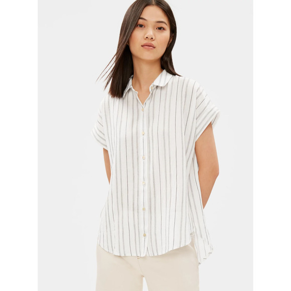 Eileen Fisher Tops - Eileen Fisher Organic Cotton Tencel Striped Boxy Shirt L PL Petite Lagenlook